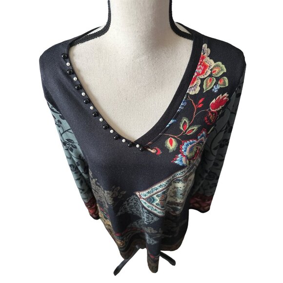 NorthStyle Black Boho Dress Embroidered Print Knit Beading Tattoo Sleeves Large - Picture 6 of 7